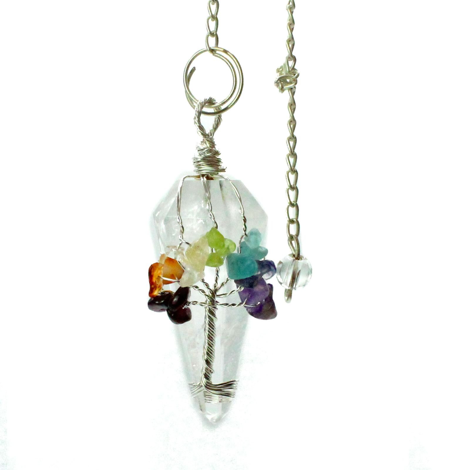 Clear Quartz chakra pendulum wrapped with seven chakra stones view 4