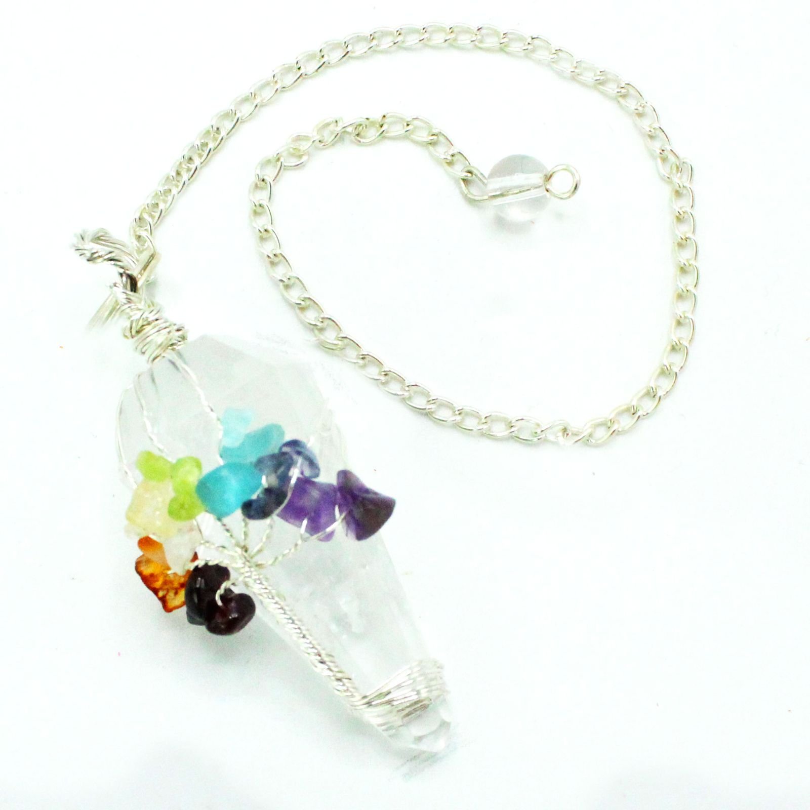 Clear Quartz chakra pendulum wrapped with seven chakra stones view 3