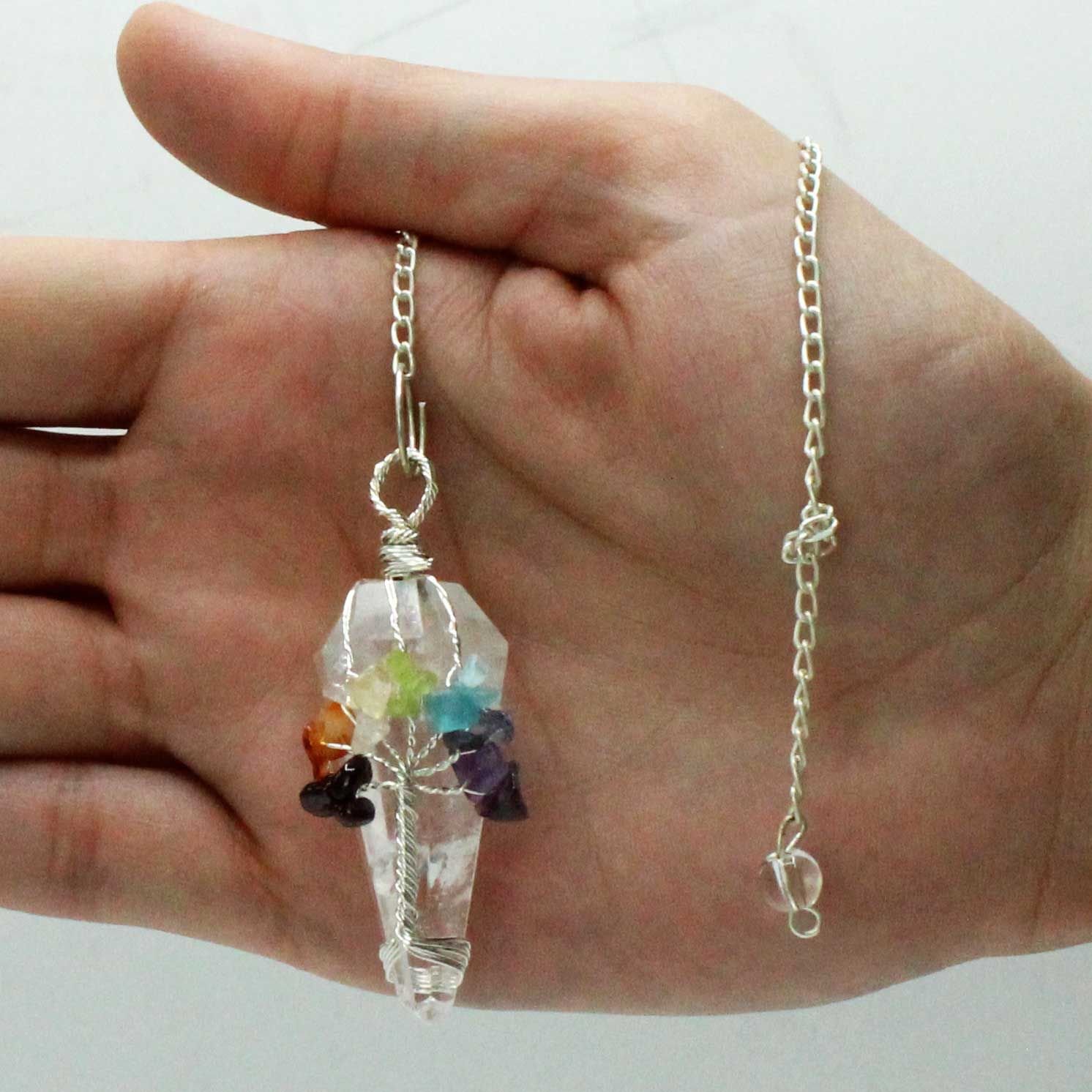 Clear Quartz chakra pendulum wrapped with seven chakra stones view 2