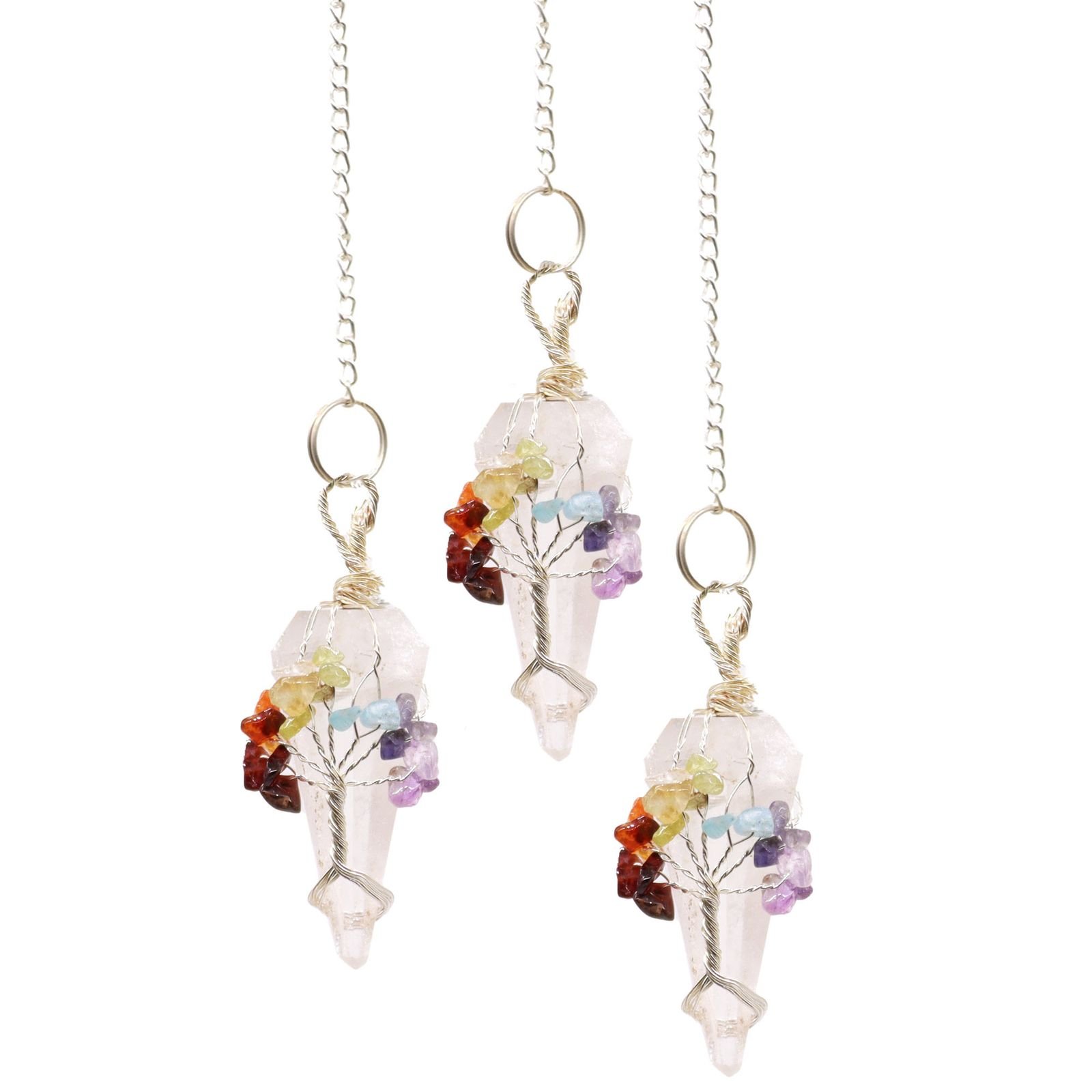Clear Quartz chakra pendulum wrapped with seven chakra stones