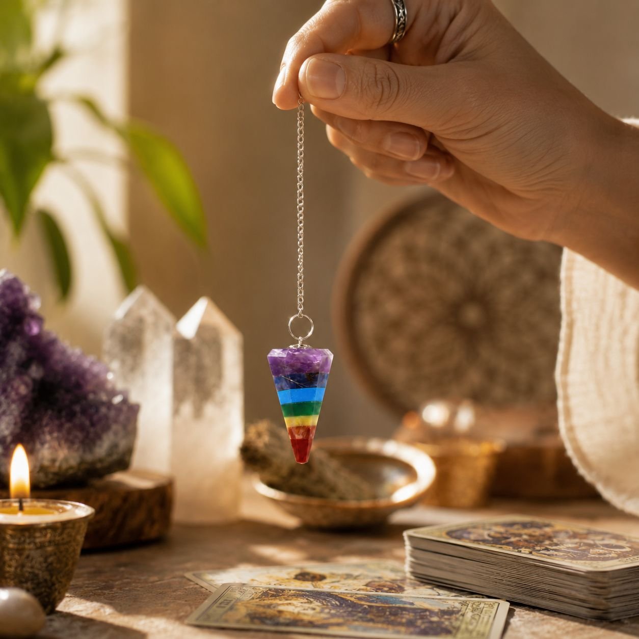 7 chakra pendulum made from seven crystal slices view 4