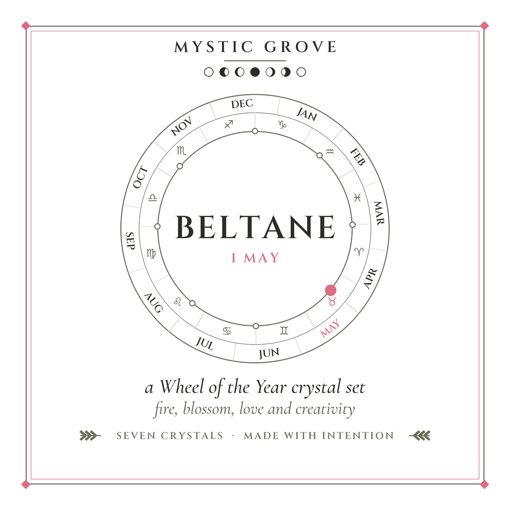 Beltane Wheel of the Year crystal set card Beltane Wheel of the Year crystal set card, front, showing Beltane on 1 May on the wheel