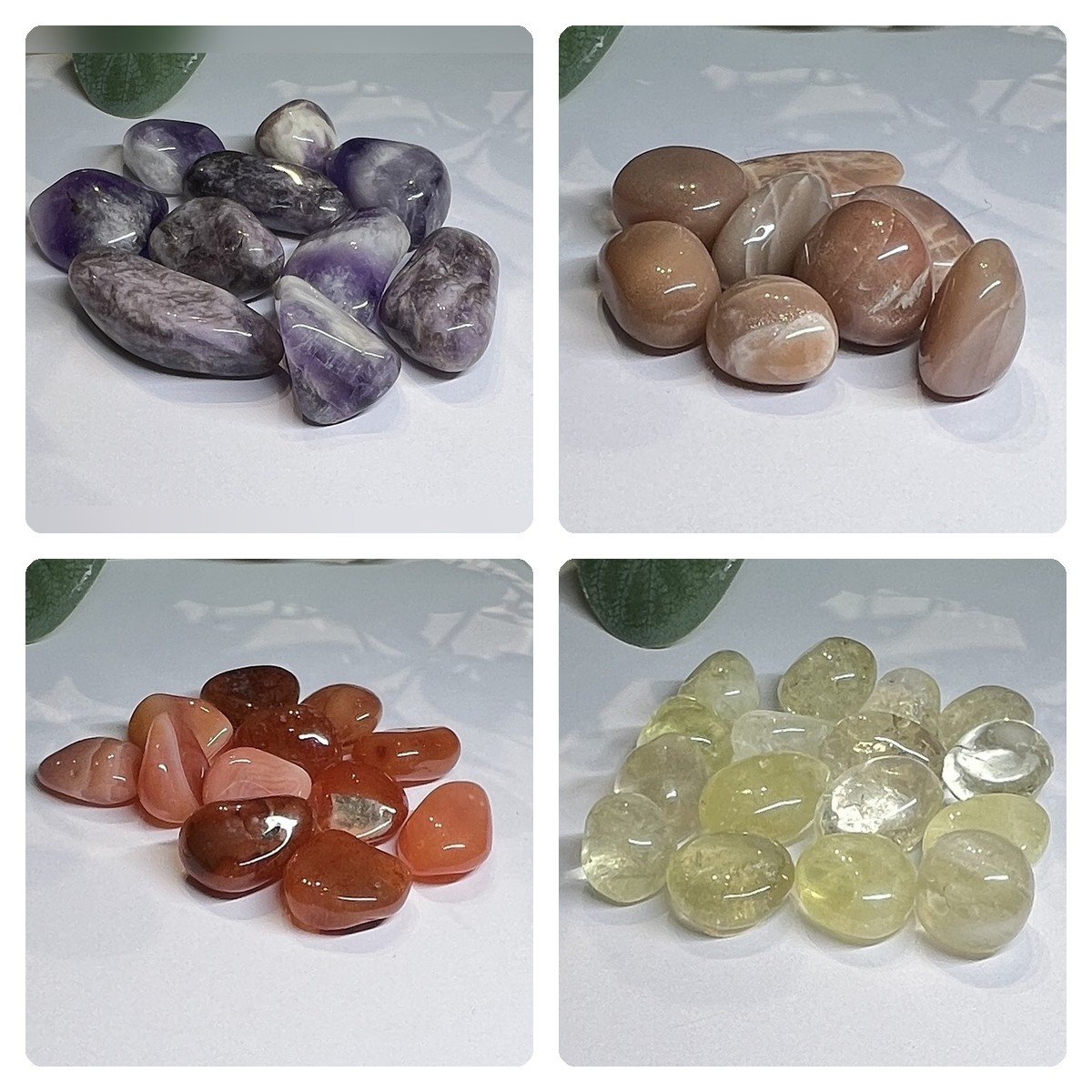 Birthstone tumblestones: amethyst, moonstone, carnelian and citrine