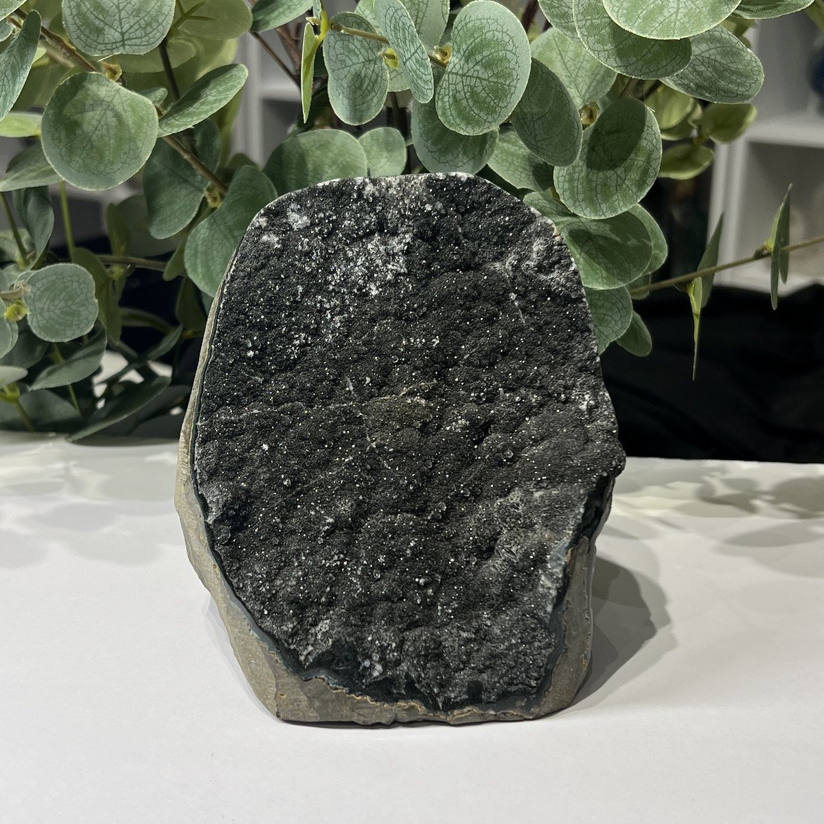 Black amethyst cut base geode A, sparkling dark druzy