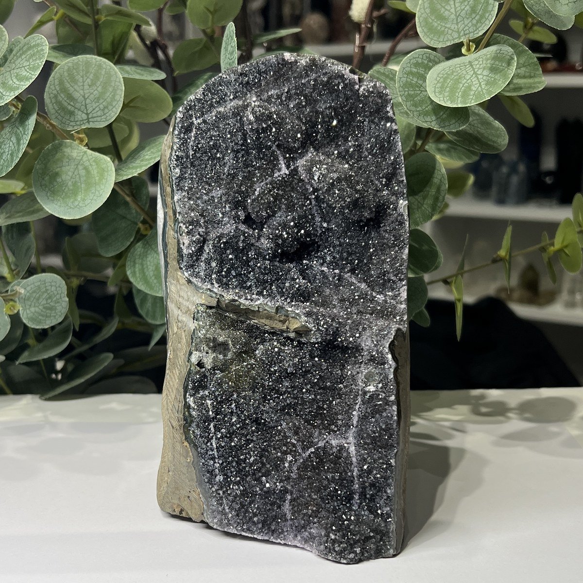 Black amethyst cut base geode C, sparkling dark druzy