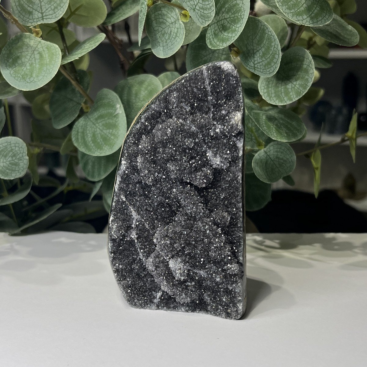 Black amethyst cut base geode D, sparkling dark druzy