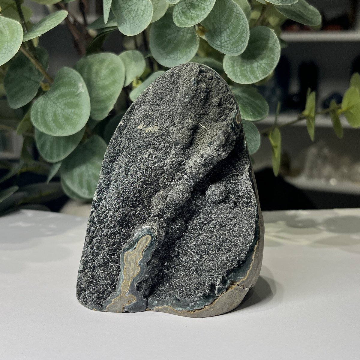 Black amethyst cut base geode E, sparkling dark druzy