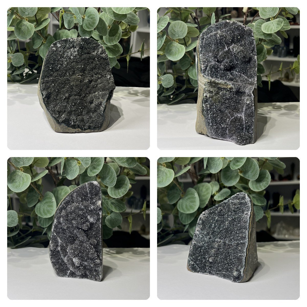 Black amethyst cut base geodes, a group of four dark galaxy amethyst pieces