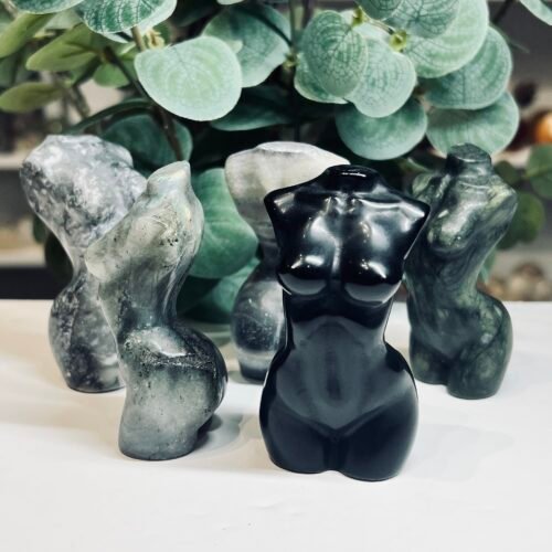 black obsidian mini goddess body crystal carving 8cm, front view, Mystic Grove UK
