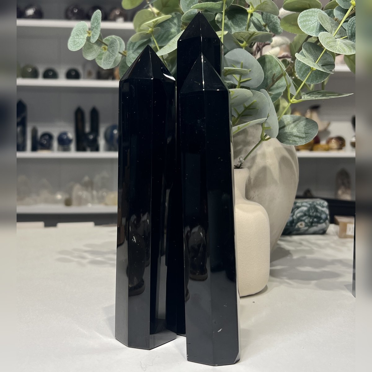 Large black obsidian towers, 19cm to 23cm polished points