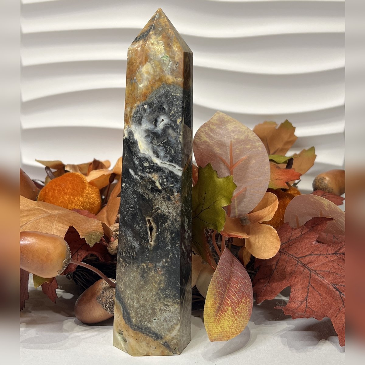 Black ocean jasper tower D Black ocean jasper tower D, black with orange and ochre, polished tower