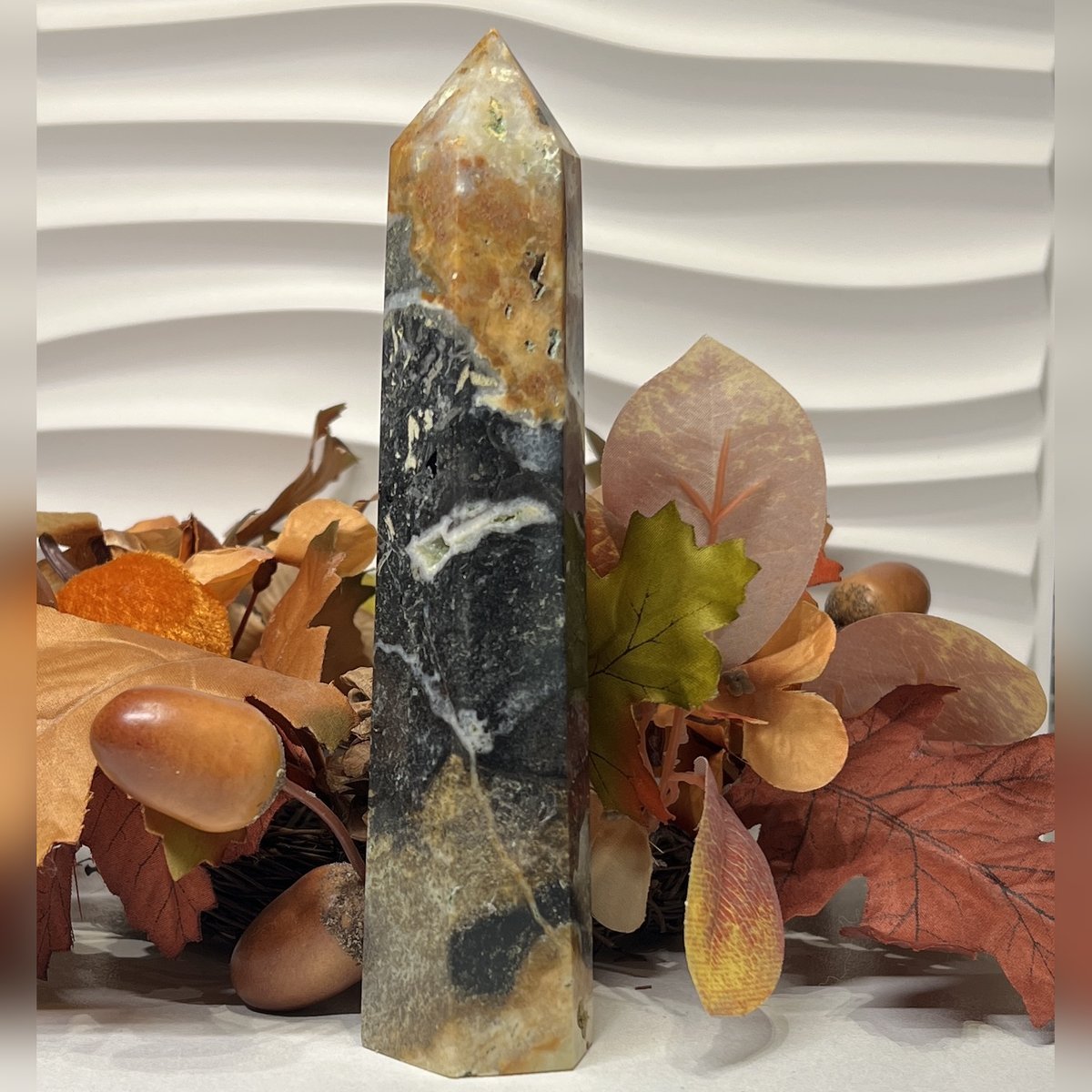 Black ocean jasper tower D Black ocean jasper tower D, black with orange and ochre, polished tower