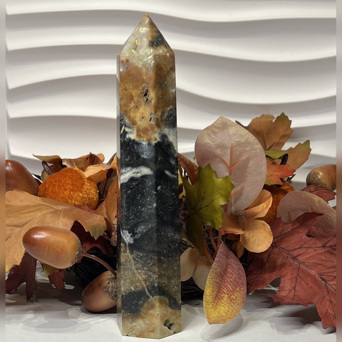 Black ocean jasper tower D Black ocean jasper tower D, black with orange and ochre, polished tower