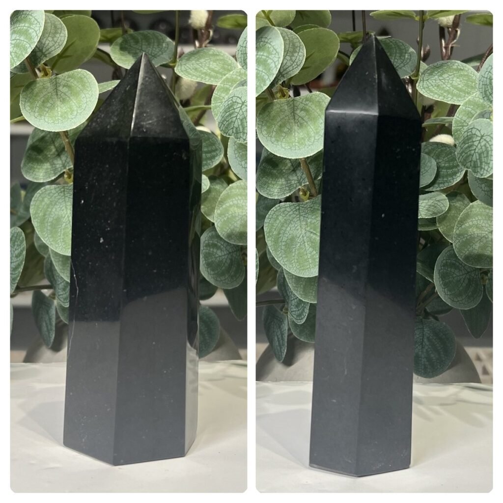 Black tourmaline tower 14cm, polished deep black six sided point, Mystic Grove UK