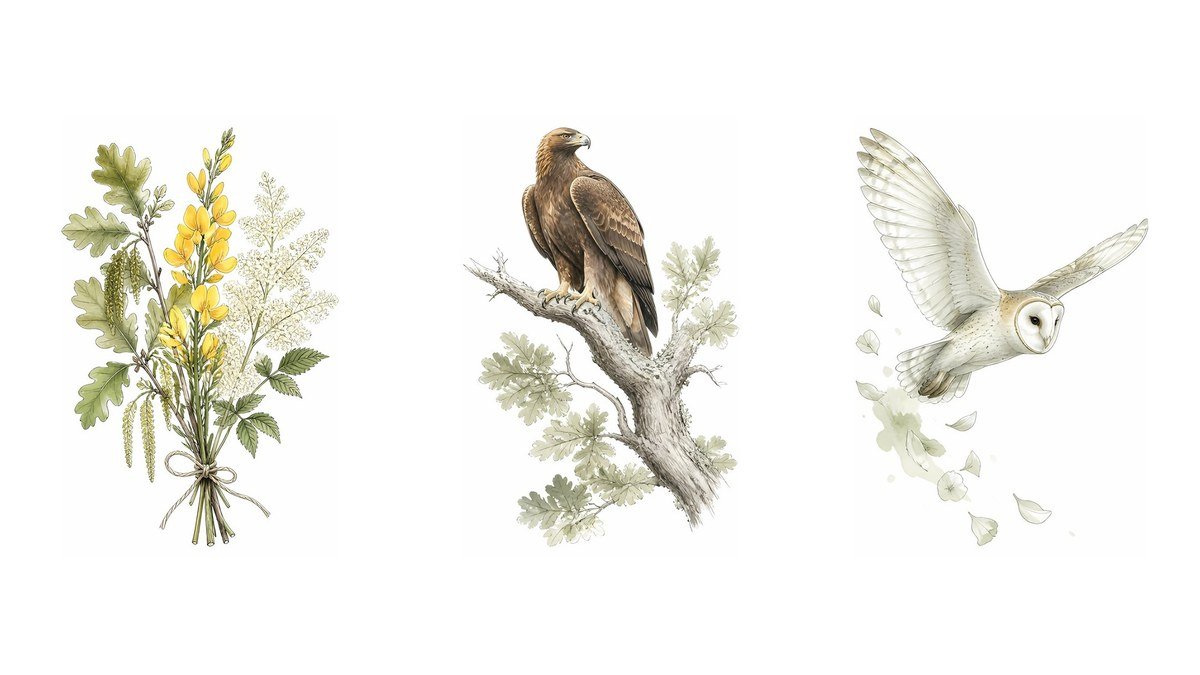 Blodeuwedd: the Woman Made of Flowers Who Became an Owl 7 Blodeuwedd sketches: a posy of oak, broom and meadowsweet flowers, a golden eagle on an oak branch, and a barn owl in flight