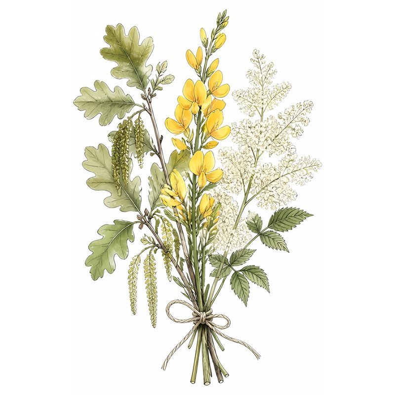 Botanical sketch of oak leaves and catkins, yellow broom flowers and creamy meadowsweet tied with twine, the three flowers Blodeuwedd was made from