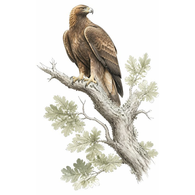 Sketch of a golden eagle perched on the branch of an oak tree, the form Lleu takes in the Blodeuwedd story