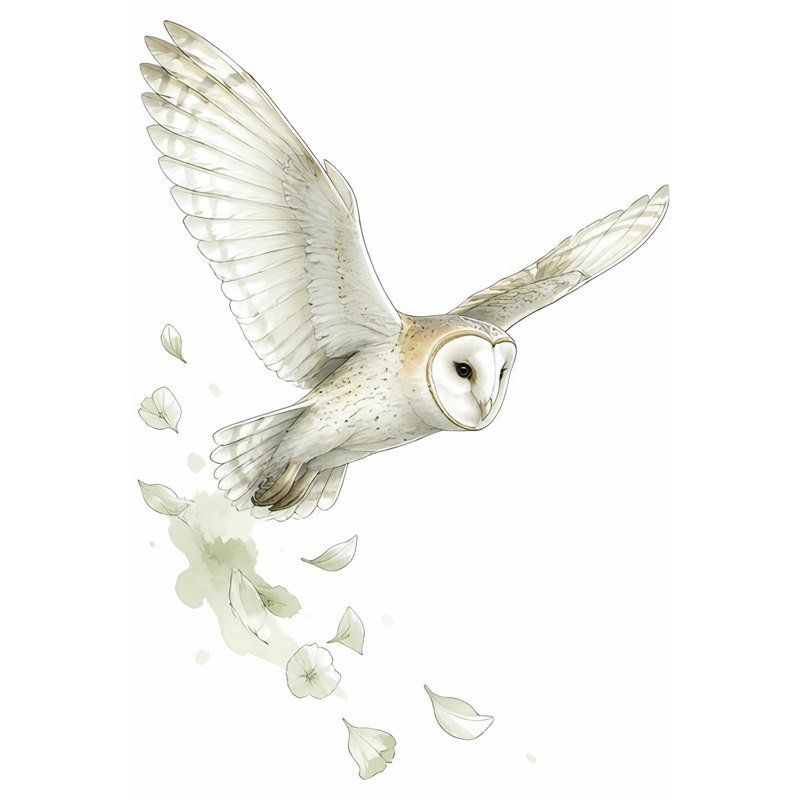 Sketch of a pale barn owl in silent flight with flower petals drifting behind it, the owl Blodeuwedd becomes