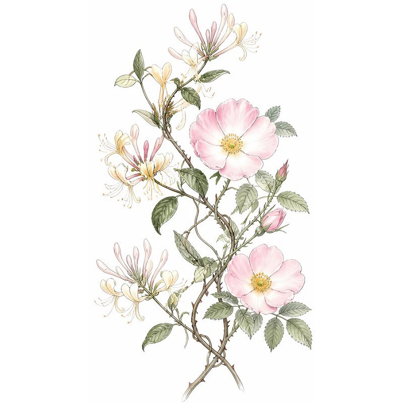 Botanical sketch of wild honeysuckle and wild rose branches twisting around each other