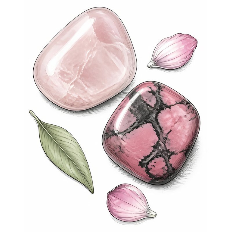 Sketch of a pale pink rose quartz tumblestone and a deep pink rhodonite with black veins, with pink petals and a leaf