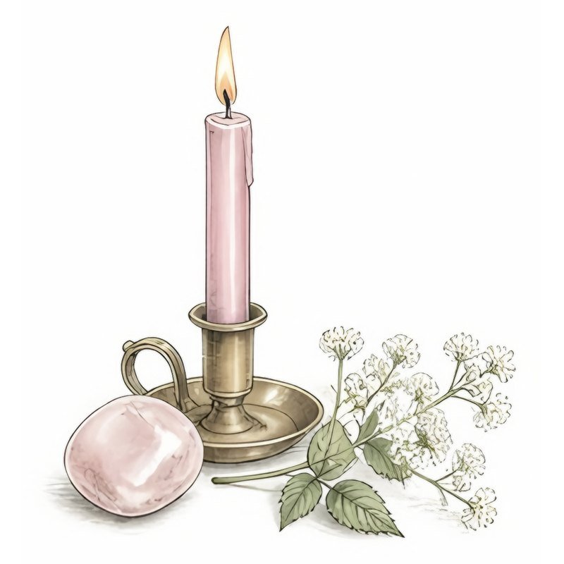 Sketch of a small pink chime candle in a brass holder beside a rose quartz tumblestone and a sprig of meadowsweet