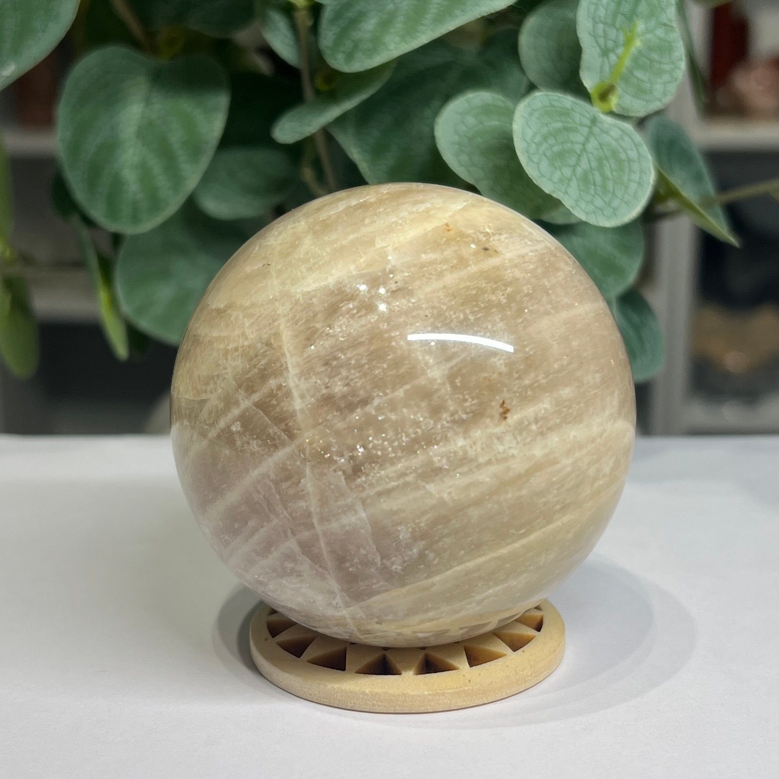 blue flash moonstone sphere 7cm 3 Blue flash moonstone sphere 7cm, peach and cream with fine silky banding