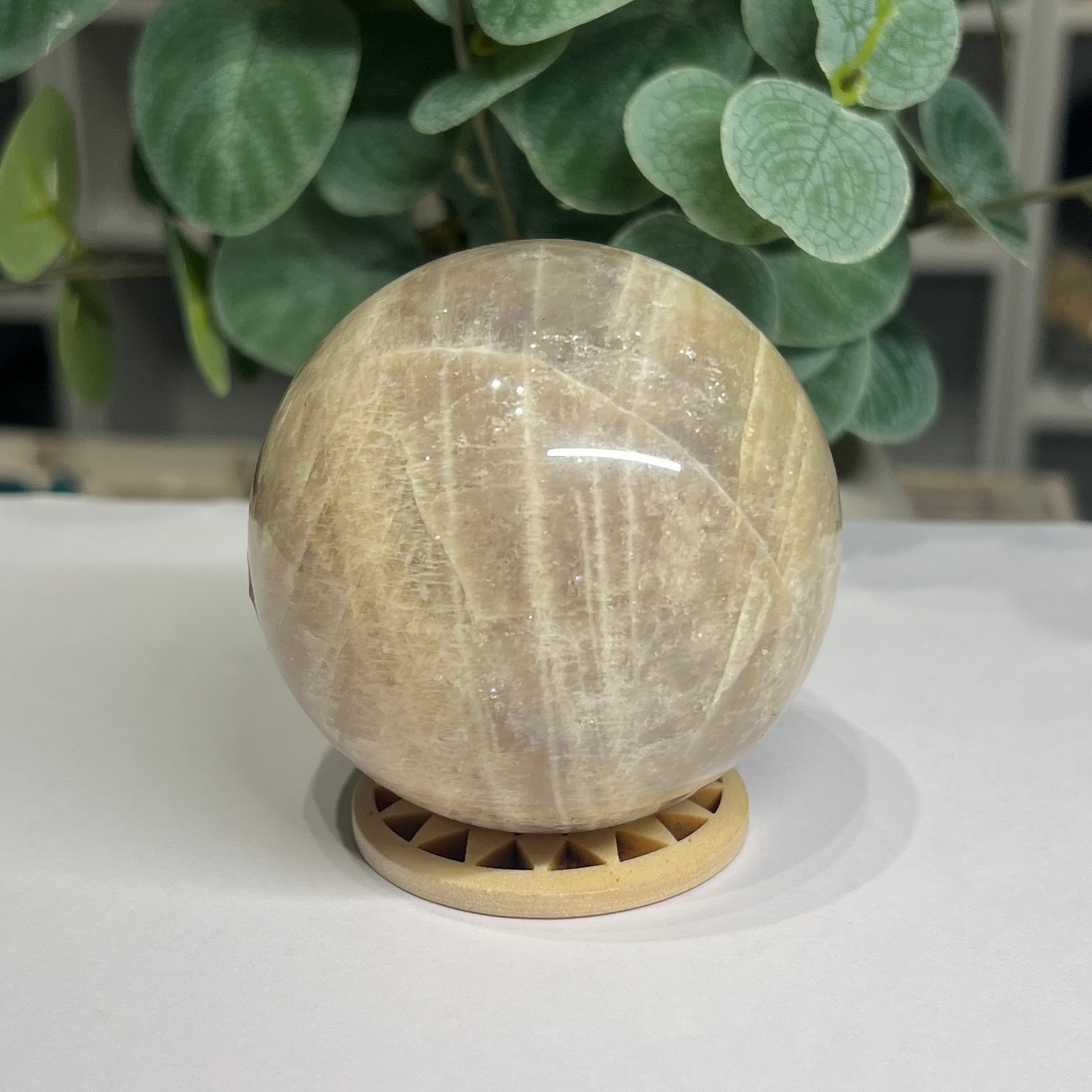 blue flash moonstone sphere 7cm 6 Blue flash moonstone sphere 7cm, cream body with silvery sheen