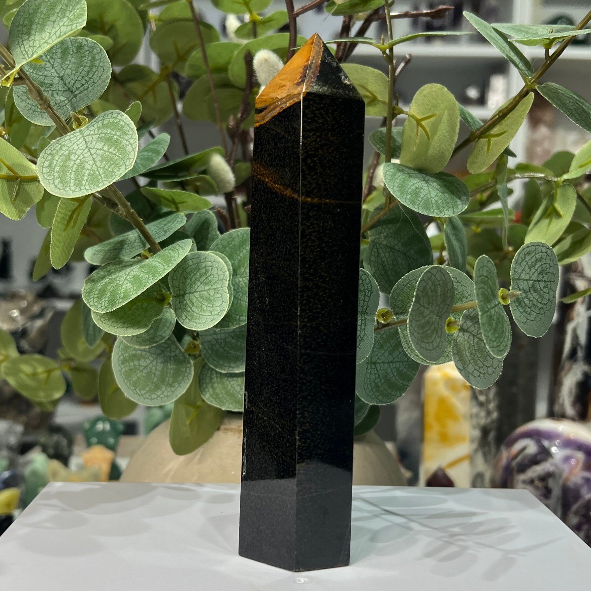 Blue tigers eye tower 16cm side view with golden bands