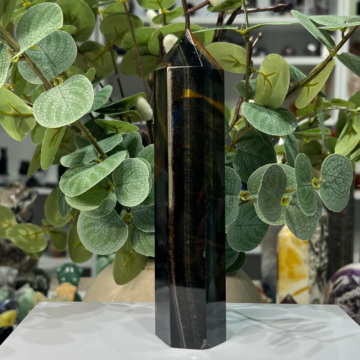 Blue tigers eye tower showing blue and gold banding