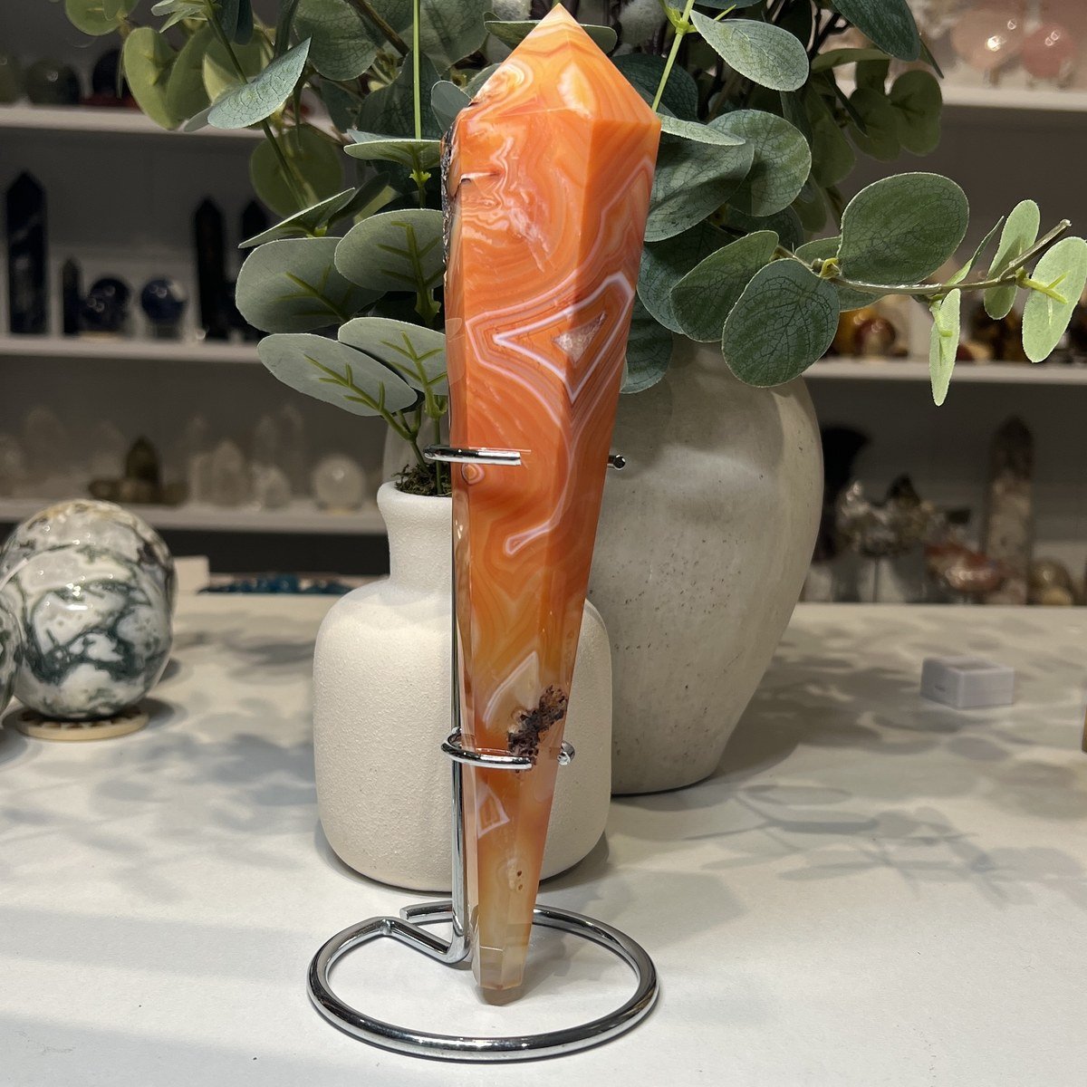 Carnelian Wand Carnelian wand B, 24cm, bright orange banded carnelian on a silver stand
