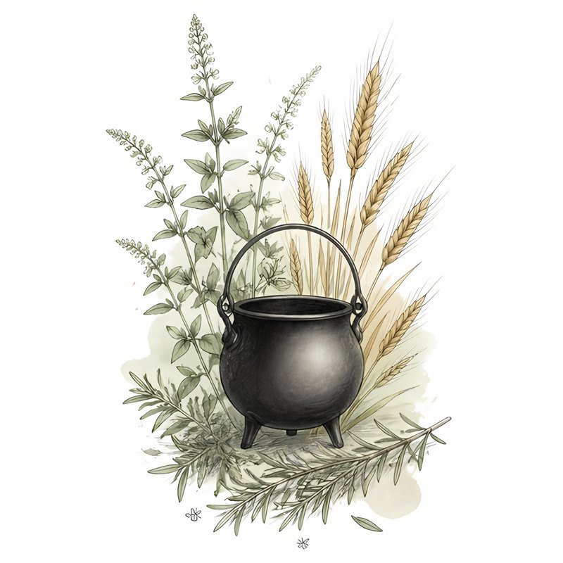 Pencil and watercolour sketch of a small black cauldron surrounded by herbs and ears of wheat