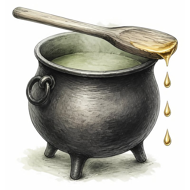 Sketch of a black cauldron with a wooden paddle across its rim and three golden drops falling