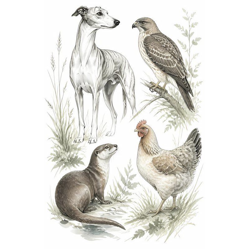 Natural history sketch of a greyhound, an otter, a hawk and a hen, the four shapes Cerridwen takes in the chase