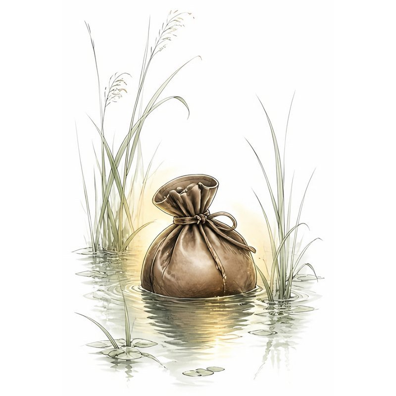 Sketch of a tied leather bag floating among river reeds with a soft golden glow