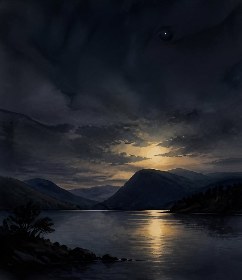 Dark watercolour of a mountain lake at night with a golden glow on the water, in the spirit of Llyn Tegid at Bala