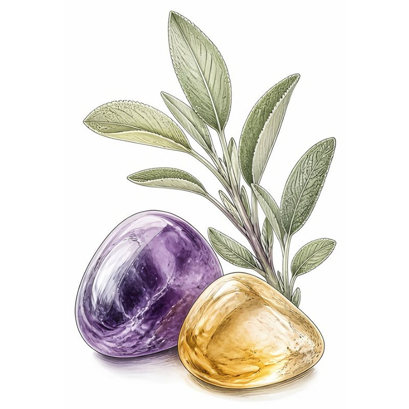 Sketch of a purple amethyst tumblestone and a golden citrine tumblestone beside a sprig of sage