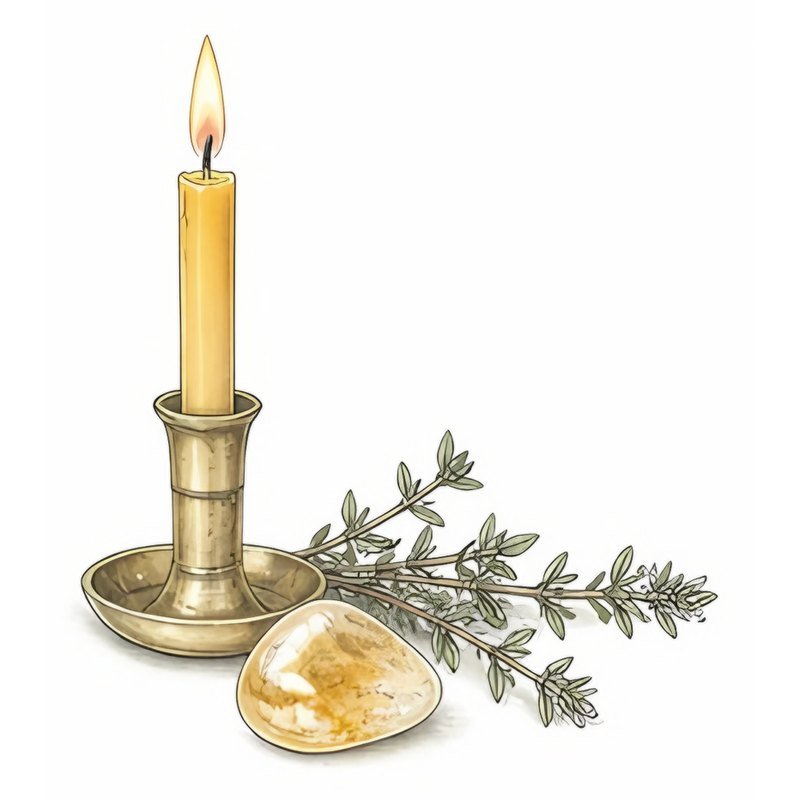 Sketch of a small yellow chime candle in a brass holder beside a citrine tumblestone and a sprig of herbs