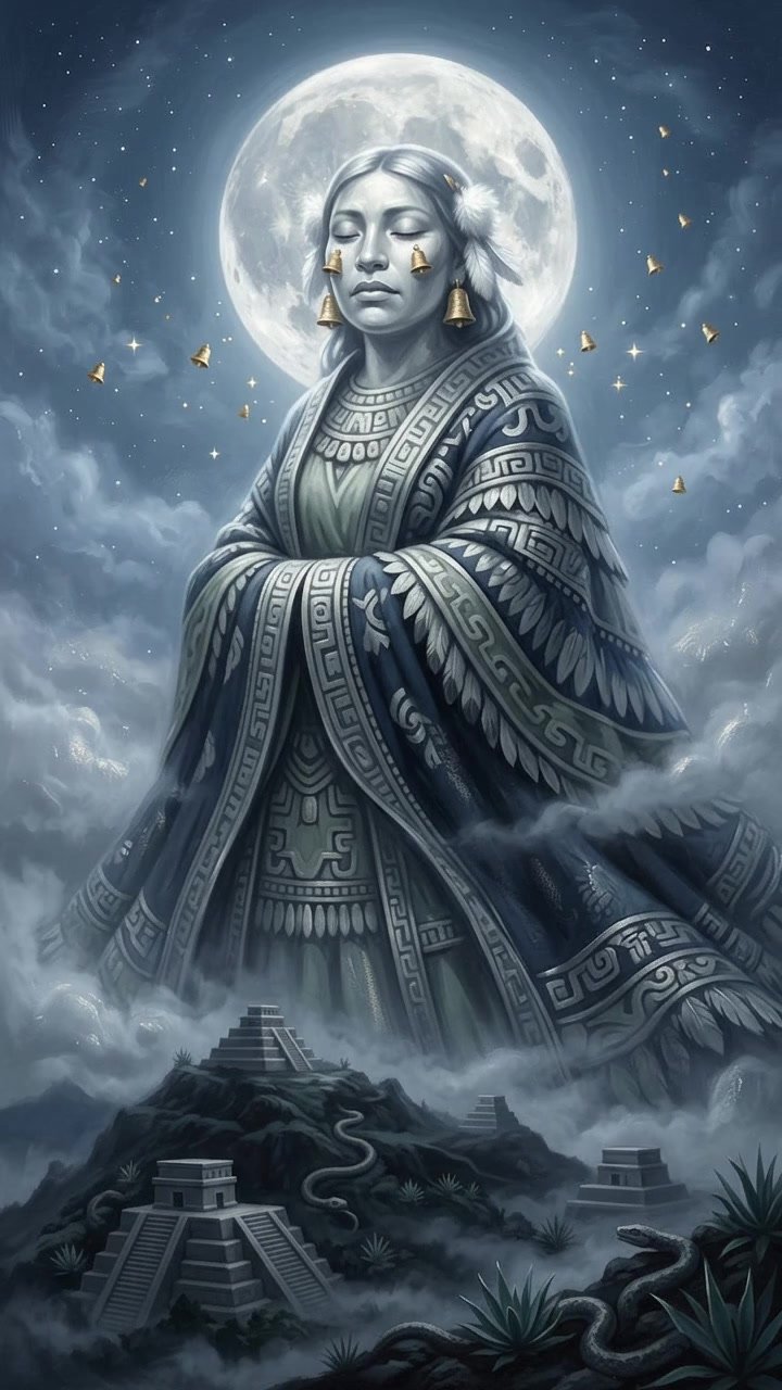 Painting of Coyolxauhqui, the Mexica moon goddess, with her eyes closed, golden bells on her cheeks and white down in her hair, the full moon behind her head and the temple hill of Coatepec with serpents below