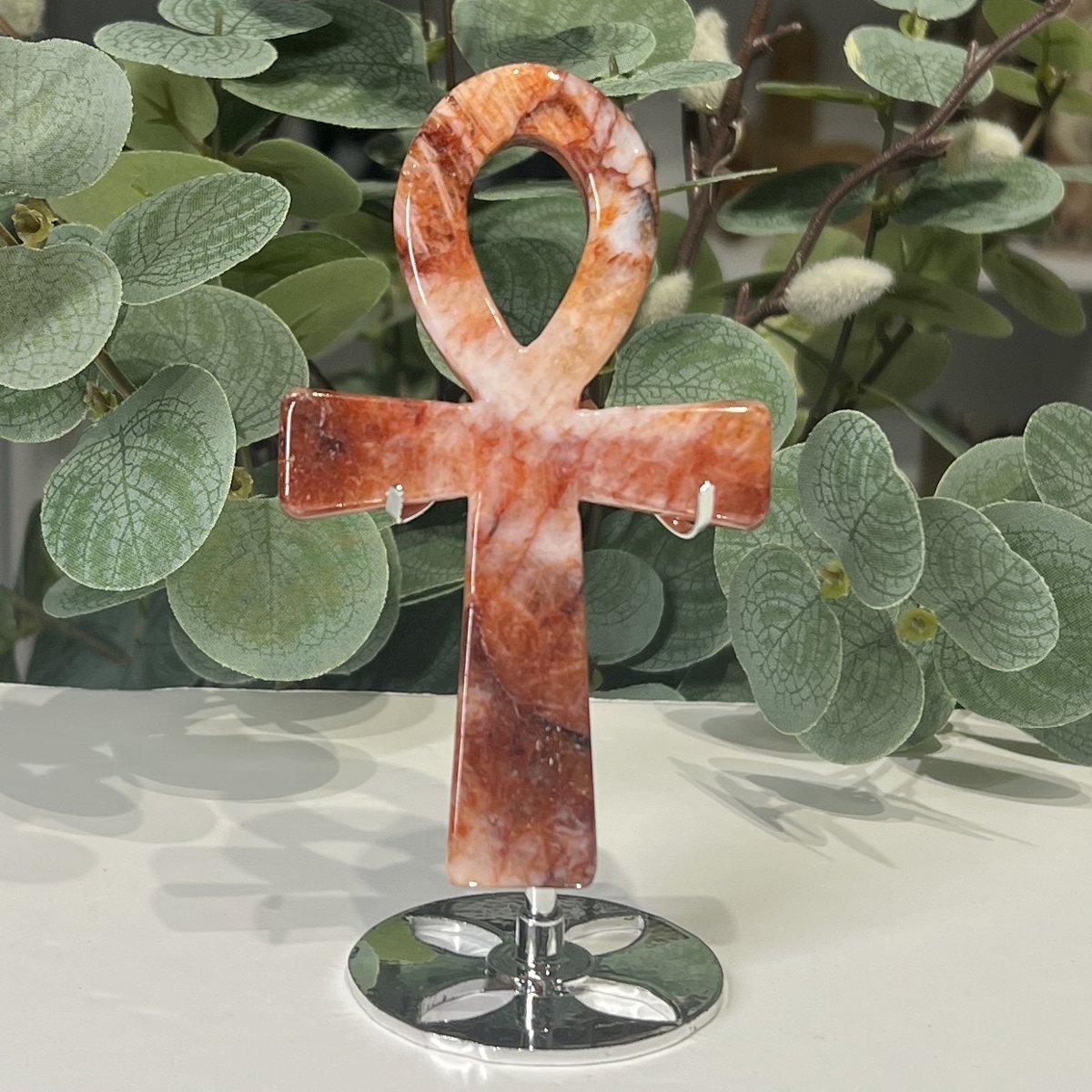 Crystal Ankh on Stand 13cm Golden healer quartz crystal ankh 13cm on a silver stand, honey gold