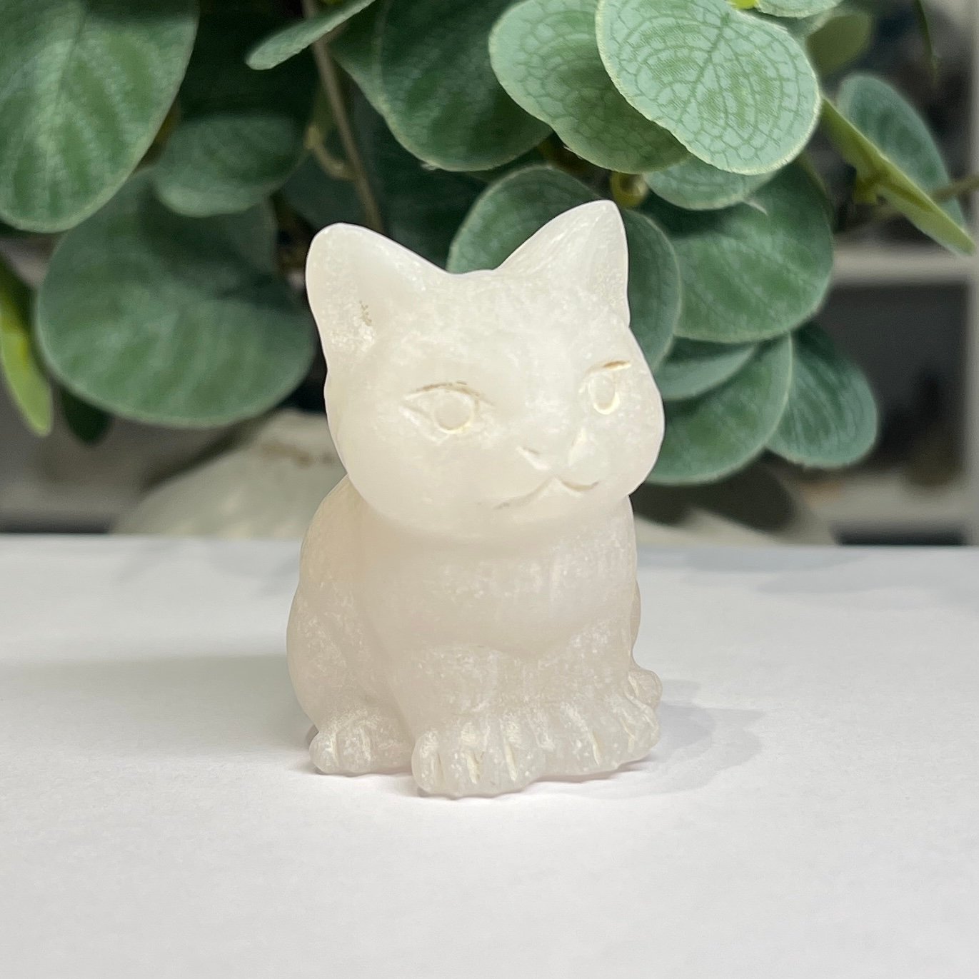 crystal cat carving white calcite White calcite crystal cat carving 6cm, milky white with a soft sheen