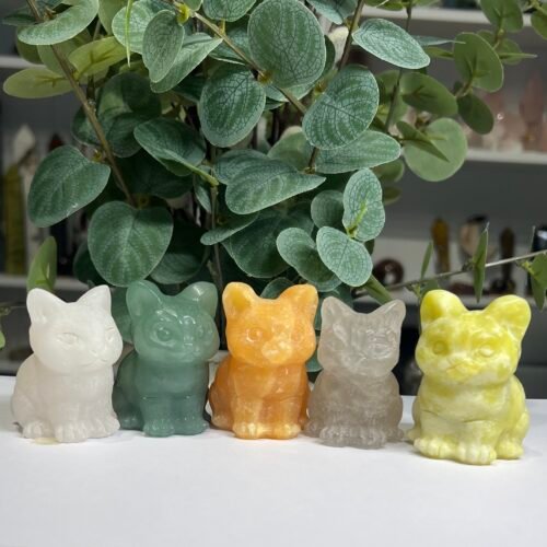 Home 2026 10 Five crystal cat carvings in white calcite, green aventurine, orange calcite, smoky quartz and lemon jade, Mystic Grove