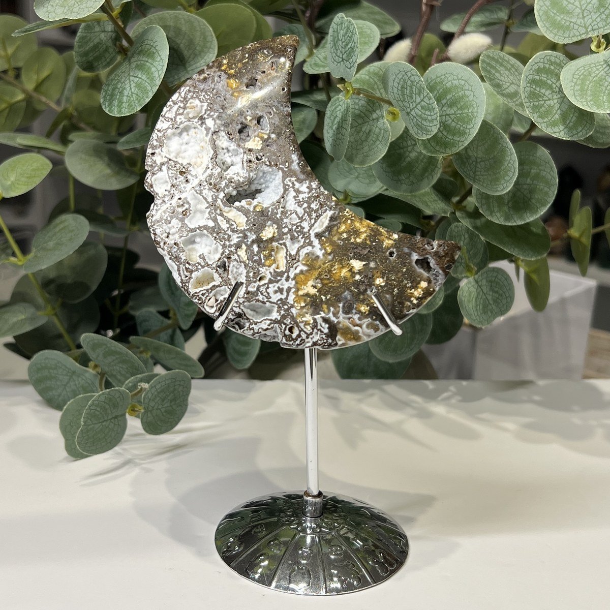 Ocean jasper crystal moon C on a silver stand, 10cm Ocean jasper crystal moon C on a silver stand, 10cm