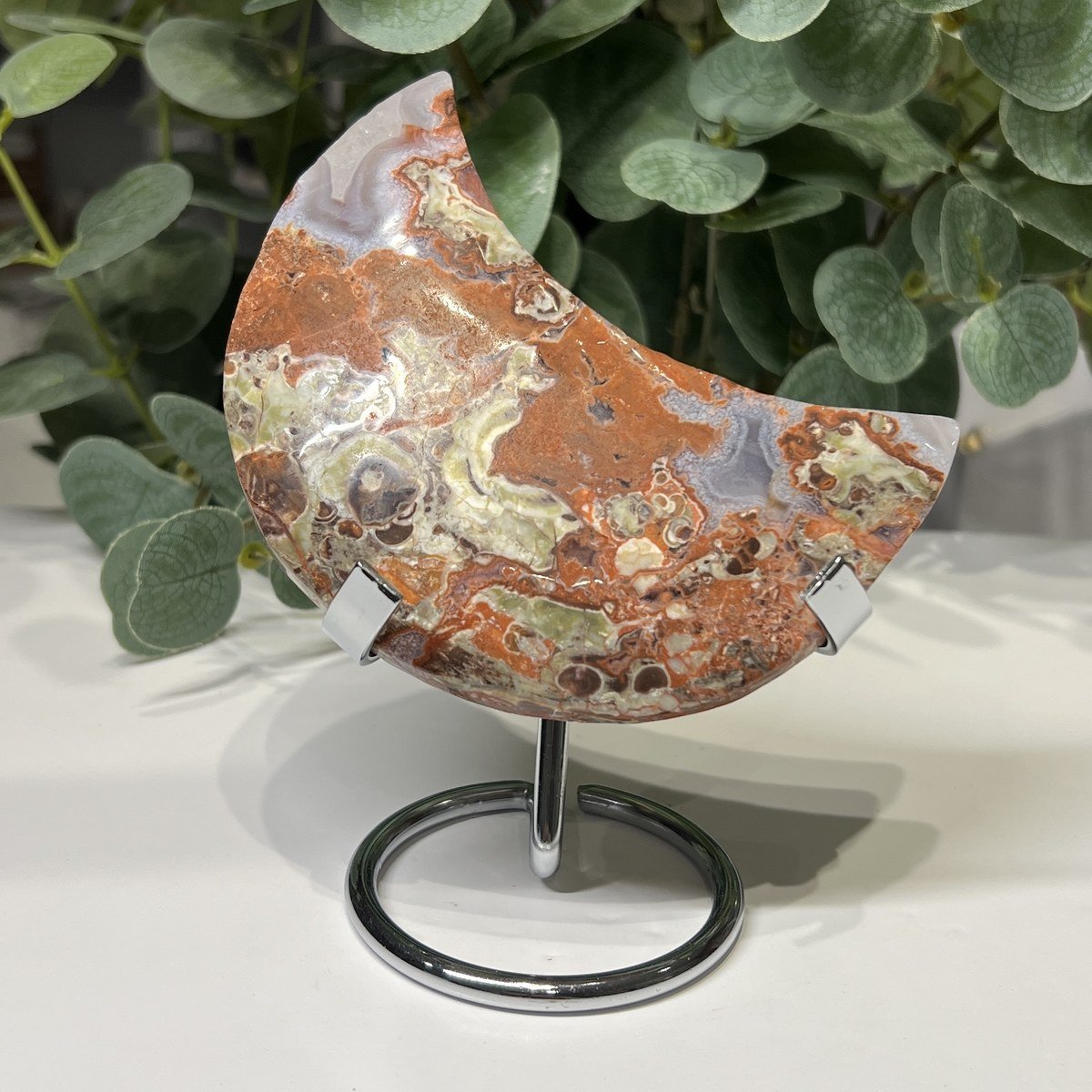 Ocean jasper crystal moon F on a silver ring stand, 10cm Ocean jasper crystal moon F on a silver ring stand, 10cm