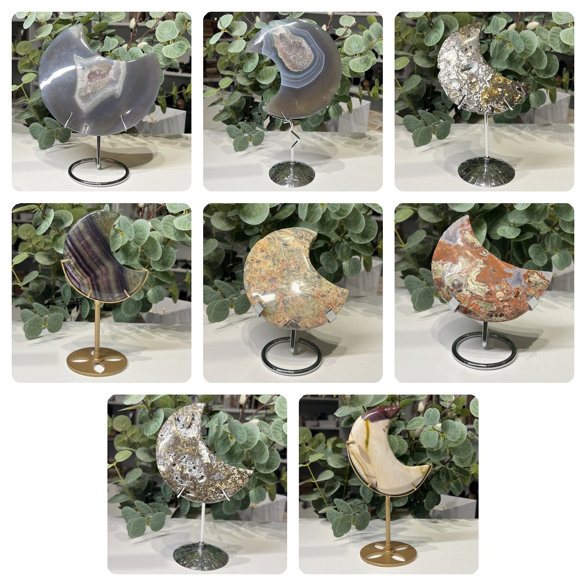 Eight crystal moon carvings on stands: agate druzy, ocean jasper, fluorite, crazy lace agate, money agate and mookaite Eight crystal moon carvings on stands: agate druzy, ocean jasper, fluorite, crazy lace agate, money agate and mookaite