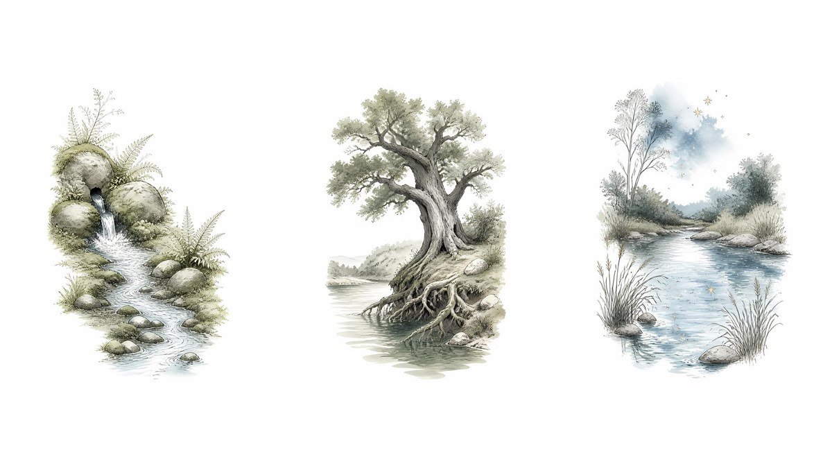 Danu: Mother of the Irish Gods and the Tuatha Dé Danann 7 Danu goddess sketches: a spring bubbling from mossy rocks, an ancient oak with roots reaching into a river, and a calm river pool with stars reflected