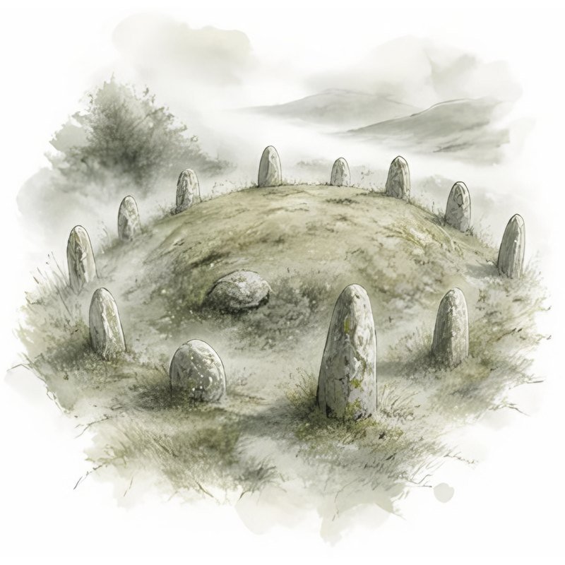 Sketch of an ancient grassy mound ringed with small standing stones and drifting mist, like the hollow hills of the Tuatha Dé Danann