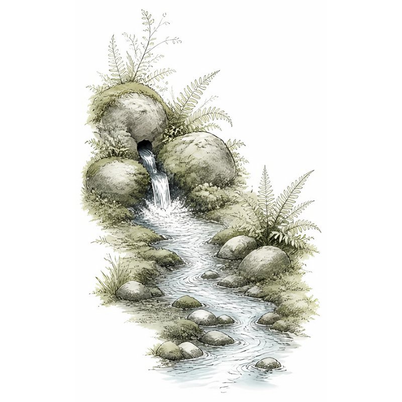 Sketch of a small spring bubbling from mossy rocks and ferns and running away as a stream, a symbol of the Danu goddess