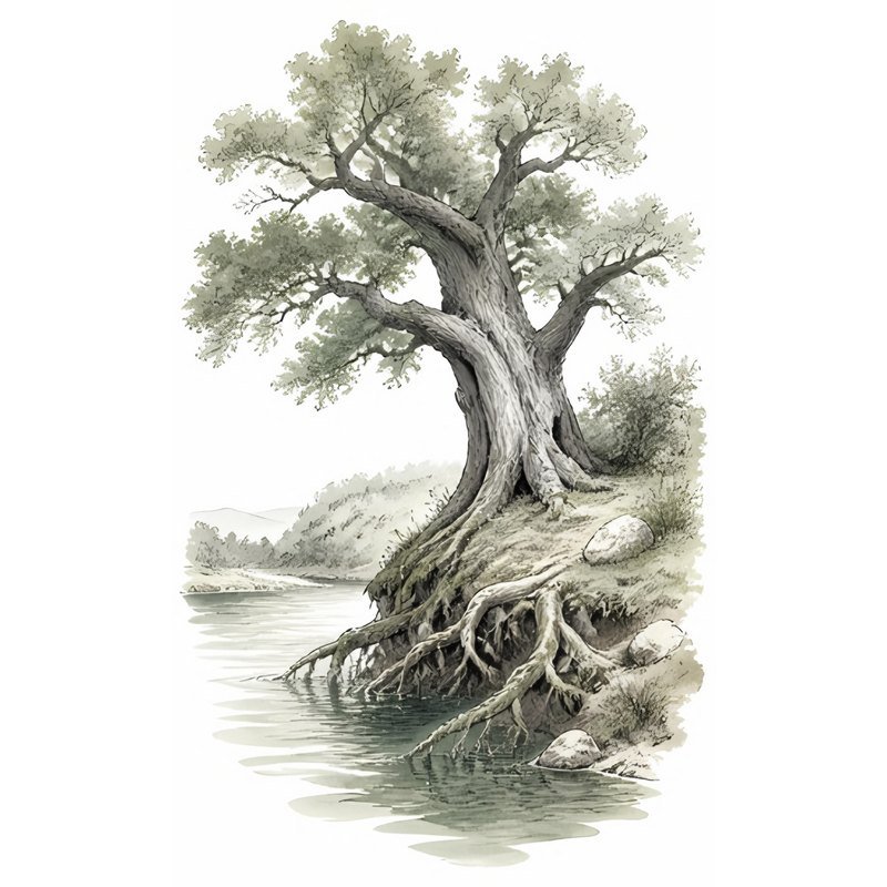 Sketch of an ancient oak tree on a riverbank with its roots reaching down into the water