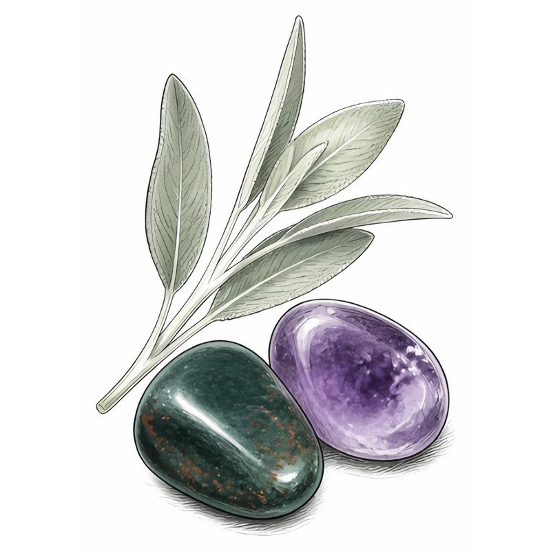 Sketch of a dark green bloodstone tumblestone with red flecks beside a purple amethyst and a sprig of sage