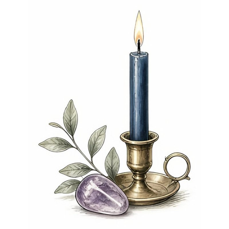 Sketch of a small dark blue chime candle in a brass holder beside an amethyst tumblestone and a sprig of leaves